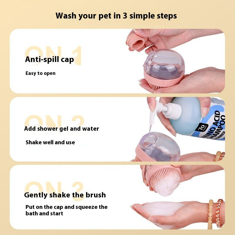 Instructions for using a pet grooming product with text and images of hands using the product.