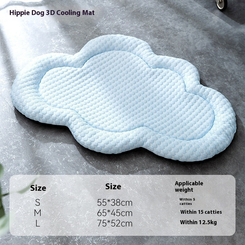 Blue 3D cooling mat with size and weight information on a gray background