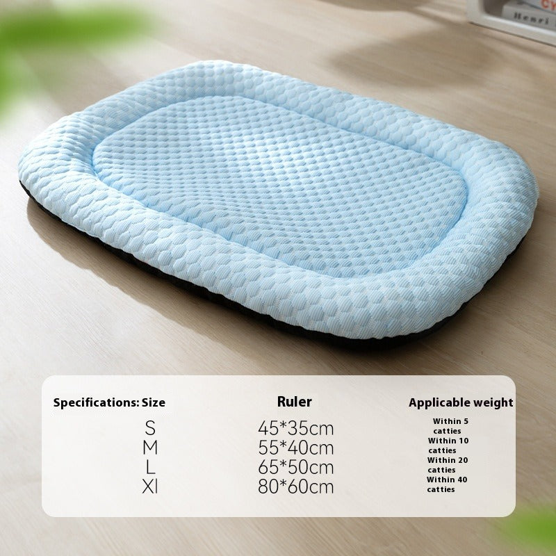 Blue pet bed on a wooden surface with size specifications displayed.