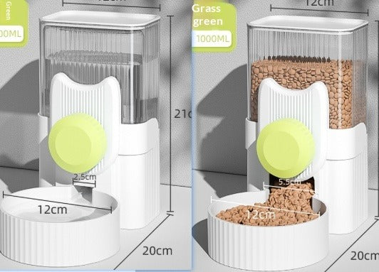 Pet food dispenser with measurement details on a gray background