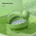 Green handheld scrubber with brush head on a green background