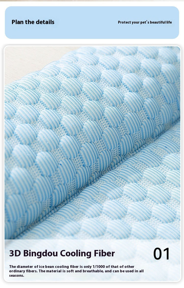 Blue quilted fabric with text about 3D Bingou Cooling Fiber on a light gray background.