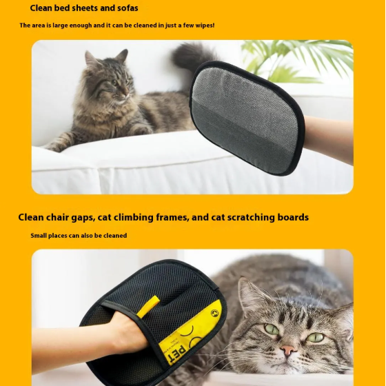 Gloves for cleaning cat-related areas with text on an orange background