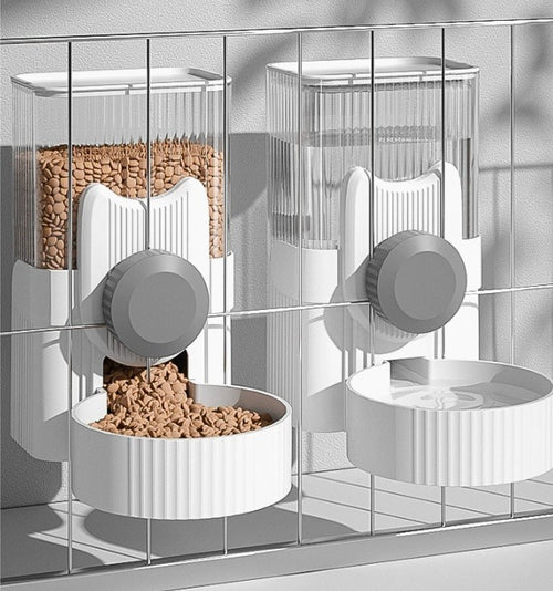 Pet food dispenser with transparent walls showing pet food inside.