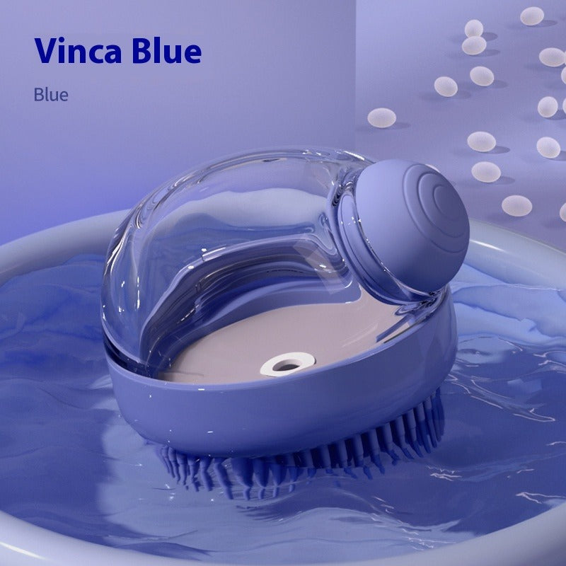 Blue handheld showerhead with 'Vinca Blue' text on a blue background