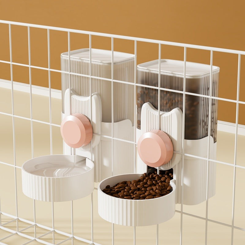 Pet feeding station with multiple bowls and a dispenser on a tiled wall.