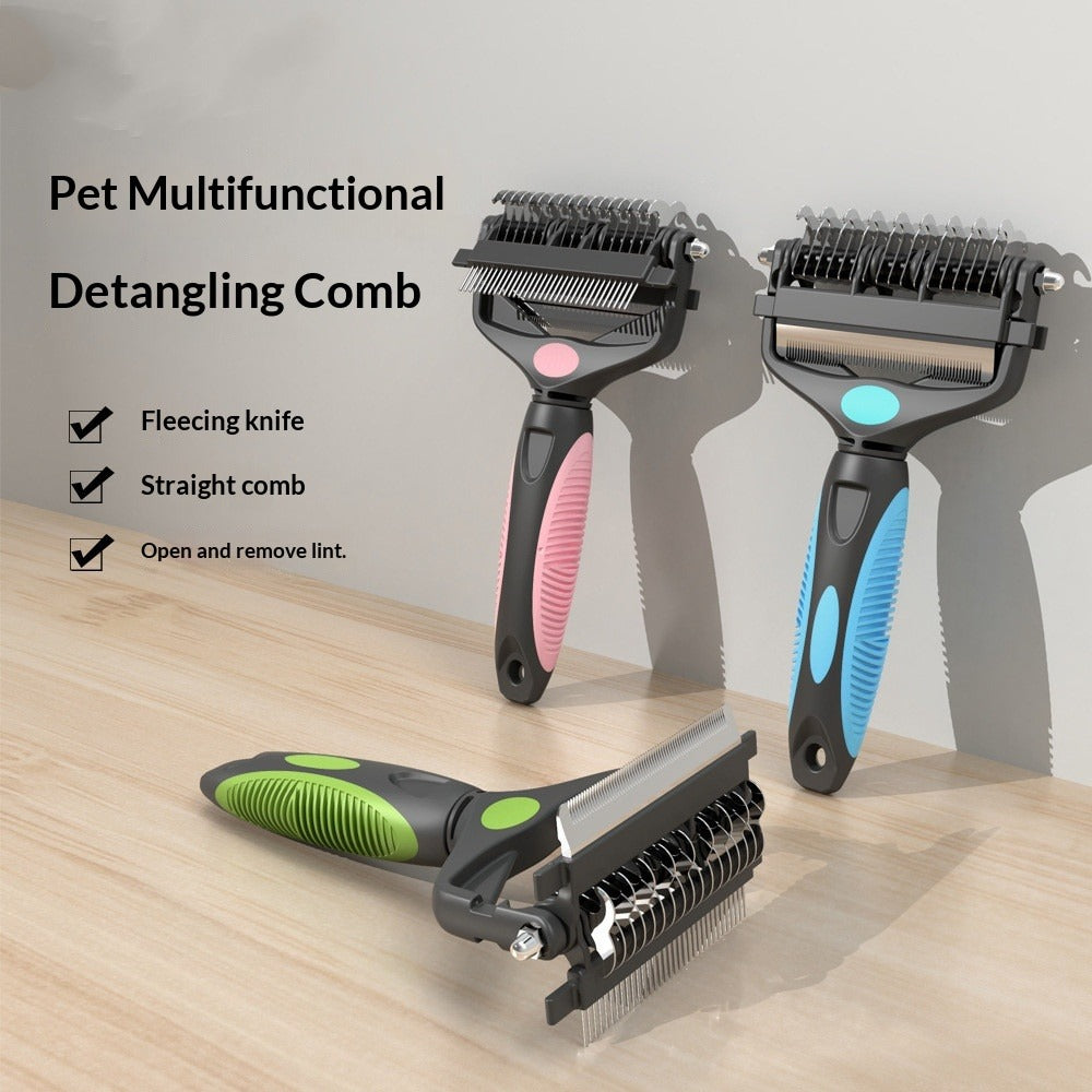 Pet multifunctional detangling comb with different handle colors on a wooden surface.