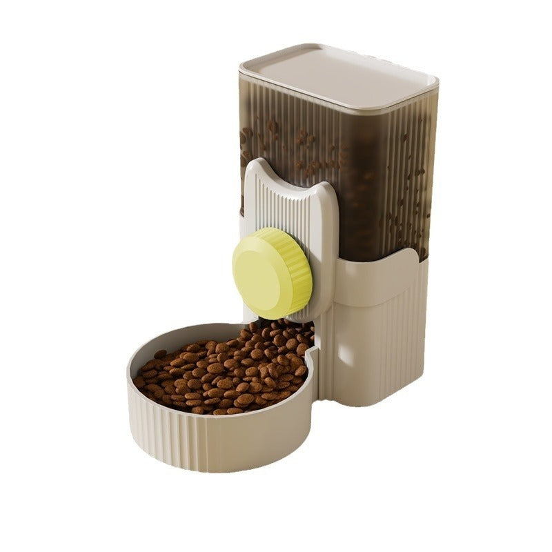 Pet food dispenser with a bowl of kibble on a white background