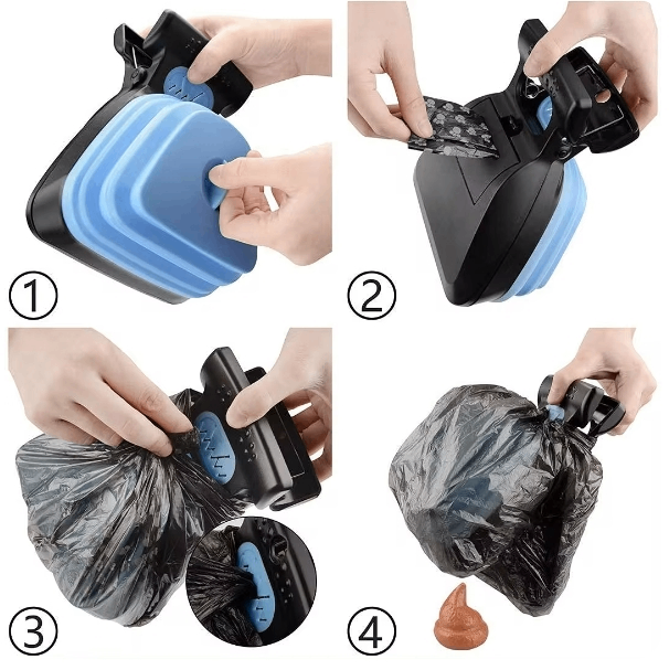 Step-by-step process of using a black and blue plastic bag holder with a dog waste bag.