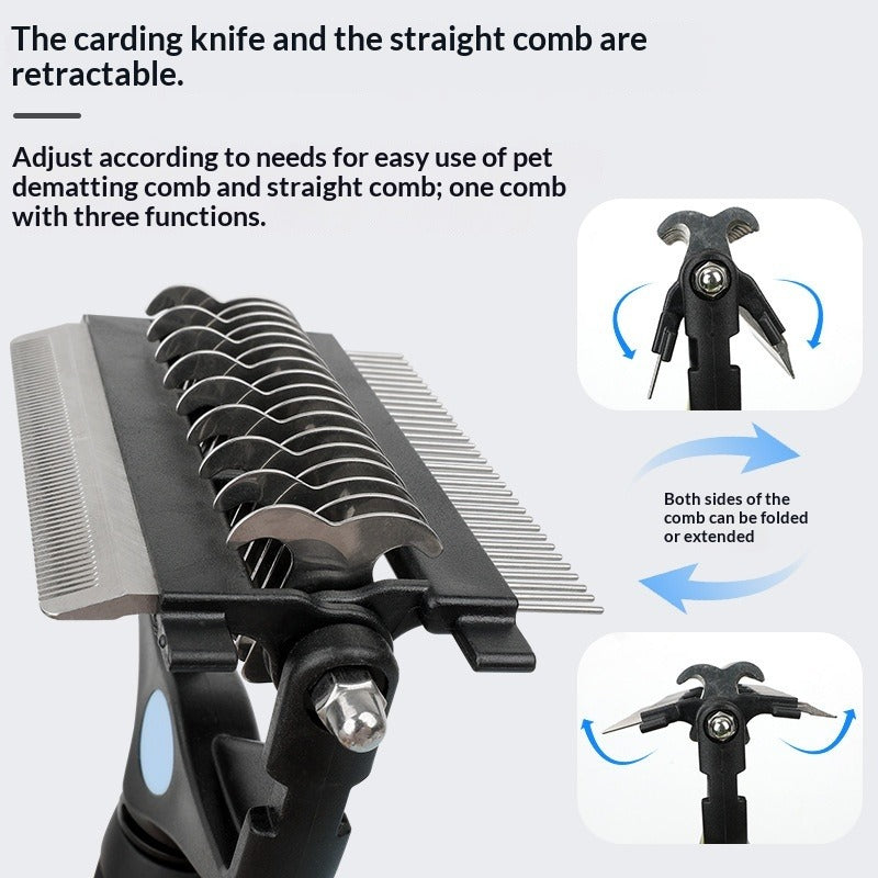Pet grooming comb with retractable knife and straight comb on a white background
