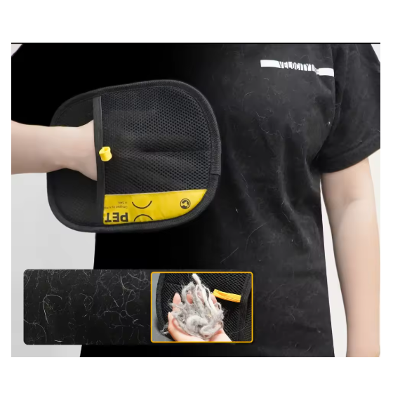 Person wearing a black shirt with a yellow pet waste bag dispenser attached.