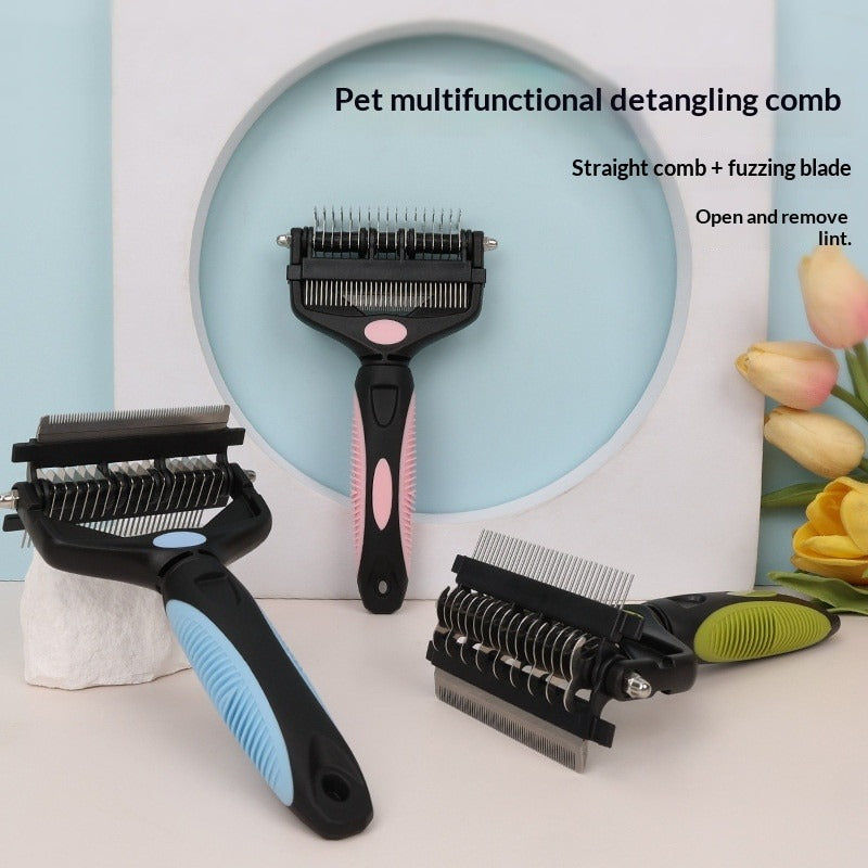 Pet multifunctional detangling comb with straight comb and fuzzing blade on a light background.