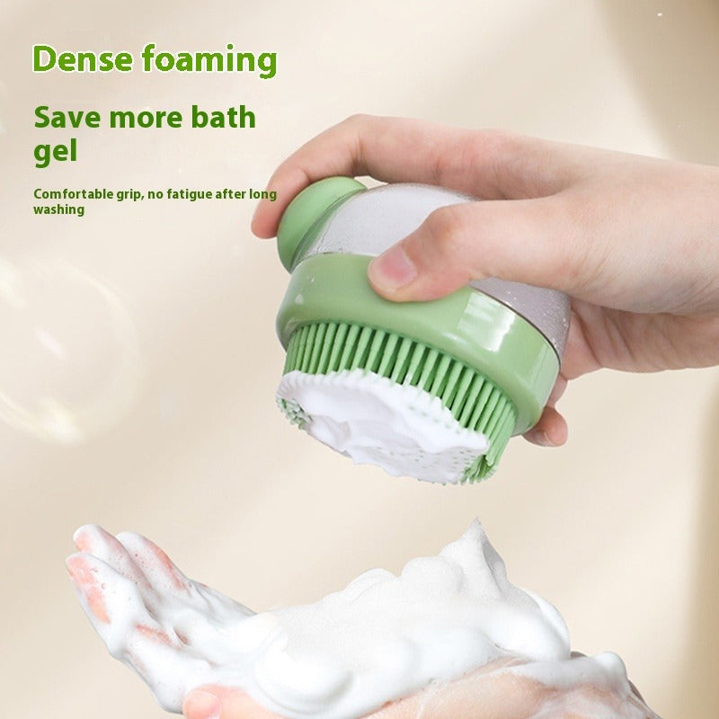 Green scrubber with foam being used on a beige background