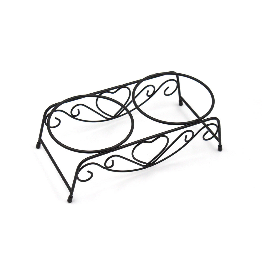 Decorative black metal fruit basket with curved handles on a white background