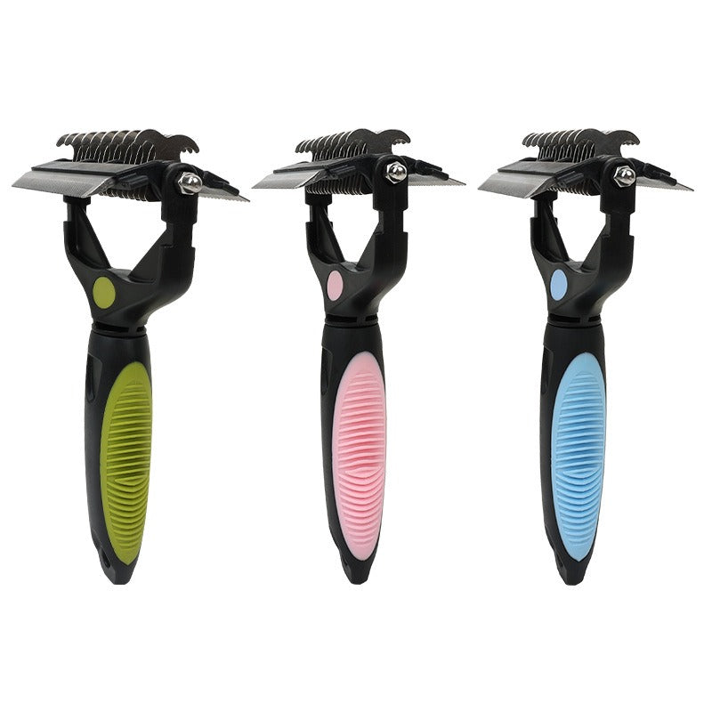 Three grooming tools with different colored handles on a white background