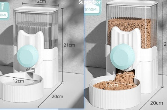 Pet food dispenser with measurements on a gray background