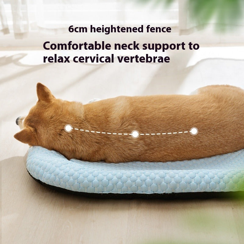 Dog lying on a cushion with text about neck support and cervical vertebrae