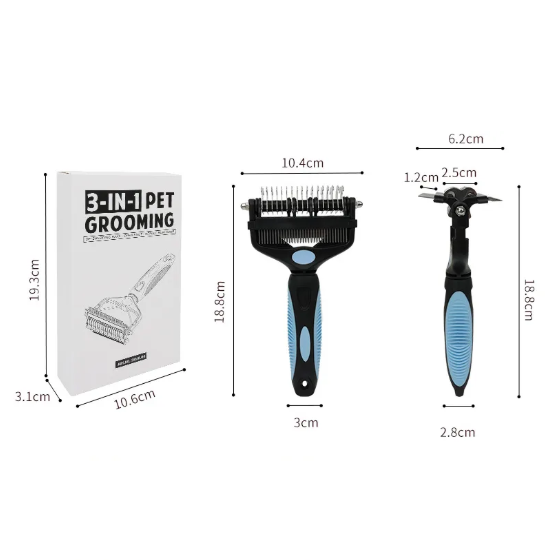 Pet grooming tools with dimensions on a white background